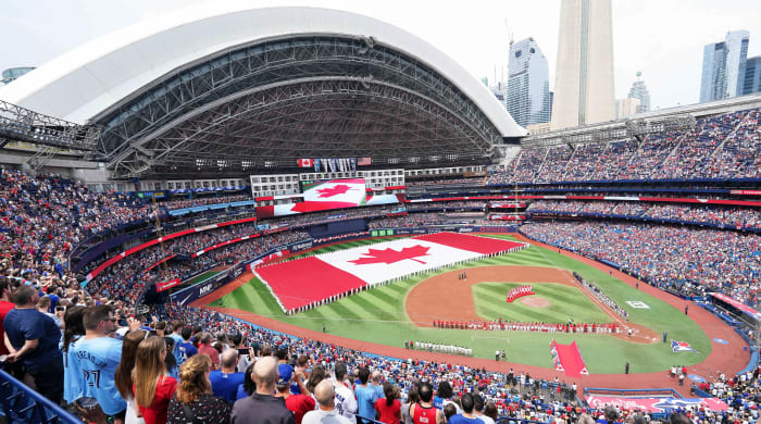A general view of the Rogers Centre during the national anthem of Canada Day opening ceremonies before a Blue Jays game